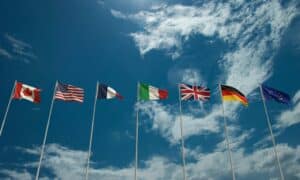 g7 g seven number flag country international blue sky background copy space canada usa united state