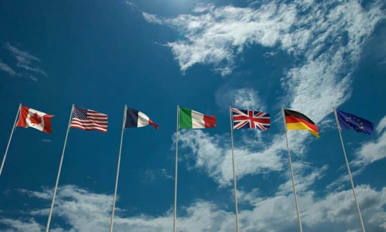 g7 g seven number flag country international blue sky background copy space canada usa united state